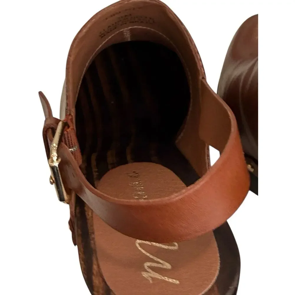 Matisse Brown Leather Platform Clogs LIBERTY Gold Studded Wood Heel Mule Size 8M - Picture 9 of 13